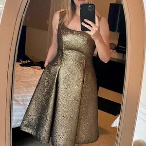 Metallic Gold Midi Fit-and-Flare Dress